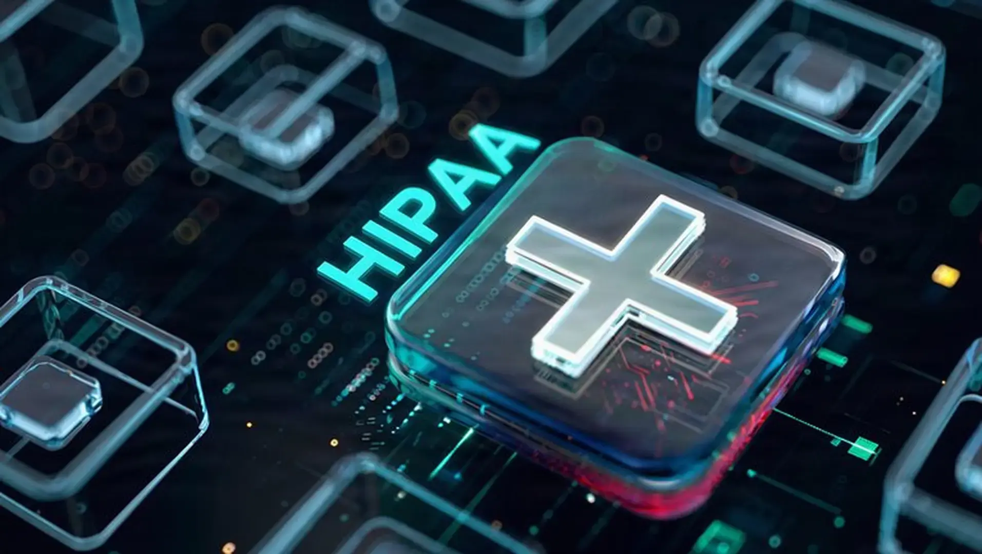 Transparent HIPAA tile and medical cross embedded in an AI healthcare data network.
